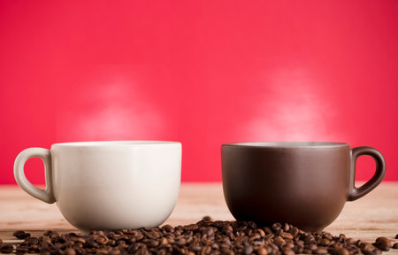 Two brown and off white coffee cups with smoke and beans on rustic wooden table, red background.の写真素材