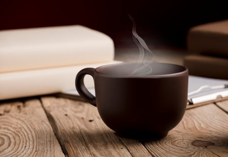 brown cup with chocolate, tea or coffee, hot steam, books on rustic wooden tableの写真素材