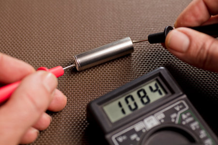 battery with volt calculator, voltmeter in the hands of a man, red positive pole, black negative...