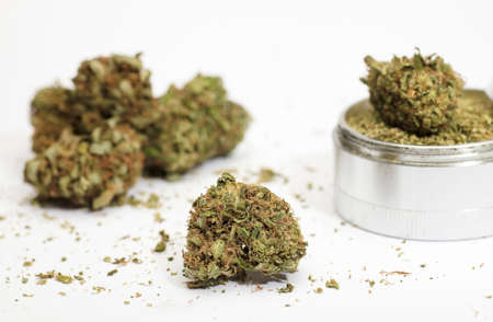 medical marijuana buds and grinder, isolated on white backgroundの写真素材
