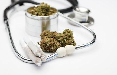 marijuana buds, joint, grinder, phonendoscope, with white background.の写真素材