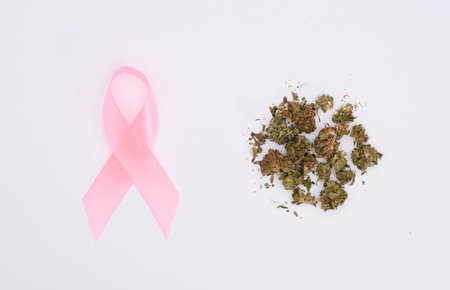 cancer awareness pink ribbon with marijuana buds in amount, white backgroundの写真素材