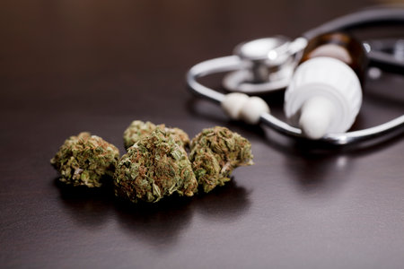 Buds of Medical Marijuana with stethoscope, oil bottle, brown background.の写真素材