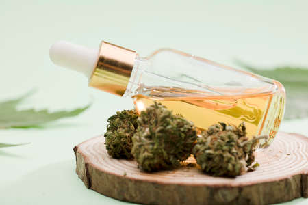Glass dispenser bottle with extract marijuana oil, with green cannabis buds and leaves. green backgroundの写真素材