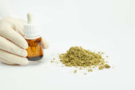 marijuana oil dropper bottle in hands of doctor with crushed marijuana in pile, white background