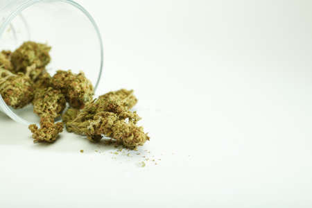 marijuana buds coming out of glass container on white background, space for text.
