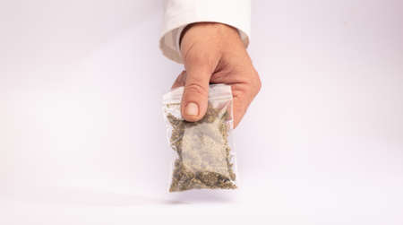 Hemp and drugs bag of marijuana in hands, delivery gesture, white background.The concept of selling...
