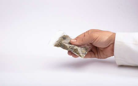 Hemp and drugs bag of marijuana in hands, delivery gesture, white background.The concept of selling marijuana, hemp and drugsの写真素材