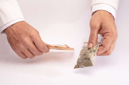 Two hands with cannabis and money. The concept of selling marijuana, hemp and drugsの写真素材