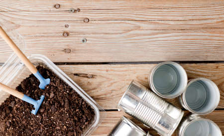 Self sufficiency at home, save money, recycle, reuse to reduce waste and grow your own food.の写真素材
