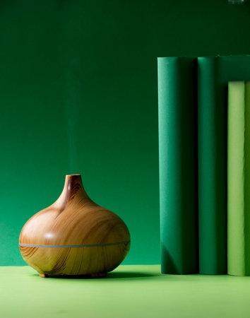wood fragrance on the table, with natural oils essence vapor, man hands with books various greenish tones and green backgroundの写真素材