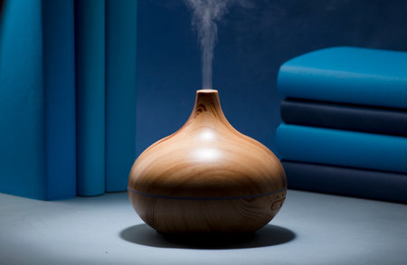 wood fragrance on the table with natural oils essence vapor, with blue and teal colored books