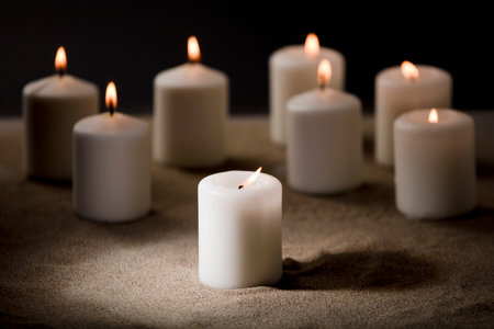 candles with burning flame, in the sandの写真素材