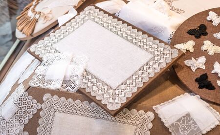 Handmade Belgian cotton lace, textile from Bruges.の写真素材