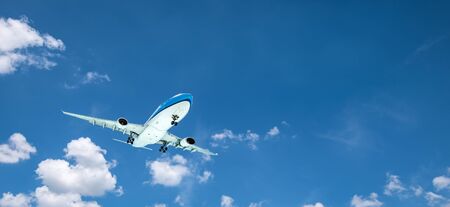 Airplane flying in the blue sky. Travel and transportation banner background.
