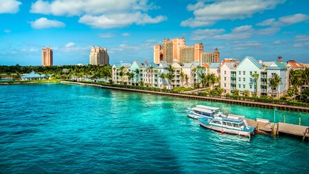 Skyline of Paradise Island with colorful houses at the ferry terminal. Nassau, Bahamas.の写真素材