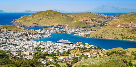 Panoramic harbor landscape of Greek Island Patmos.の写真素材