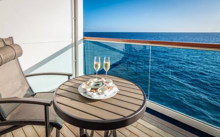 Champagne and caviar on balcony of cruise ship.の写真素材