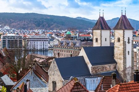 Bergen, Norway. Beautiful aerial view of St Mary's Church and the city.の写真素材