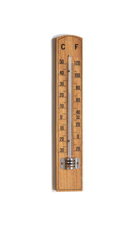 Wooden thermometer isolated on white.