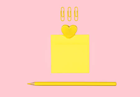 Yellow school supplies on a pink background. Sticky note, colored pencil, paper clips and heart...
