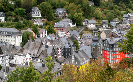Aerial view of historic town of Monschau, Eifel, Germany.の写真素材
