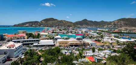 Panoramic view of the town and capital Philipsburg in St Maarten, at Great Bay and the Great Salt Pond. Caribbean Island.のeditorial素材