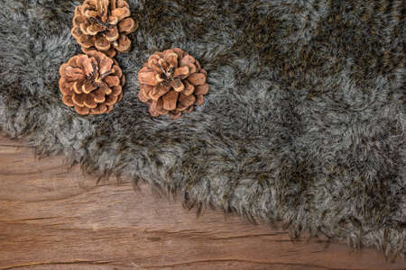 Fluffy fur plaid and pine cones on wood.の写真素材
