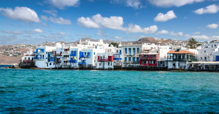 Little Venice, famous neighborhood on Mykonos Island, Greece. Panoramic view of tourist attraction.の写真素材
