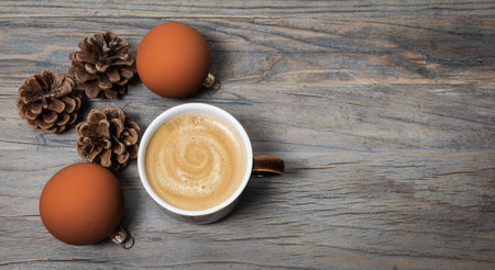 Christmas coffee on wooden background.の写真素材