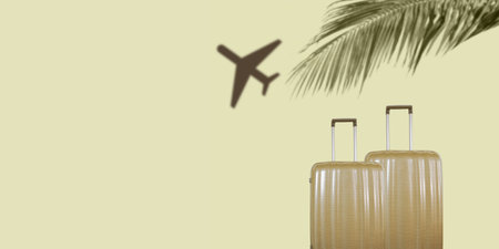 Summer plane travel concept with luxury suitcases. Pastel green background.の写真素材