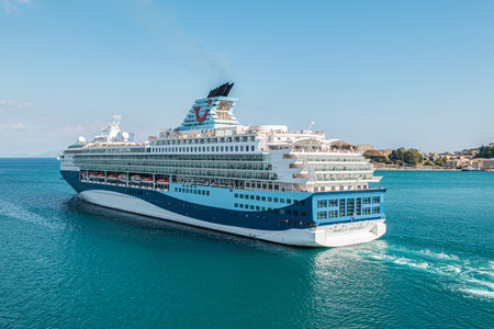 CORFU, GREECE - SEPTEMBER 6, 2022: Adults only Cruise ship Marella Explorer 2 of TUI Cruises sailing away from Corfu, Greece.のeditorial素材