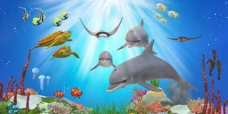 Underwater sea illustration with dolphins, turtles and tropical fishes.の写真素材