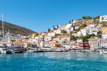 View of Hydra town at harbor in Greece.の写真素材