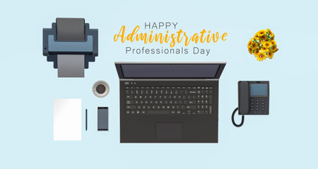 Administrative Professionals Day concept. Desk illustration on blue background. Top view.の写真素材