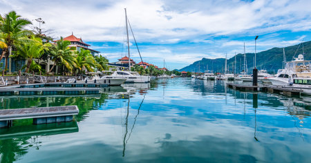 Luxury boats and yachts moored in marina of Eden Island Mahe Seychelles.の写真素材
