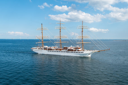 Copenhagen, Denmark - July 29, 2023: Side view of sailing cruise ship Sea Cloud Spirit in harbor of Copenhagen, Denmark.のeditorial素材