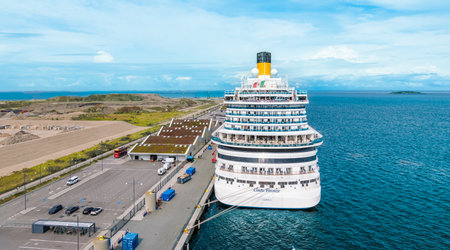 Copenhagen, Denmark - July 29, 2023: Cruise ship Costa Firenze of Costa Cruises docked in port of Copenhagen. Back of the ship.のeditorial素材