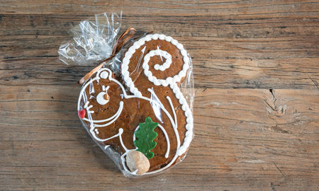 Typical German gingerbread cookie in the shape of a squirrel wrapped in plastic foil on wooden table.の写真素材