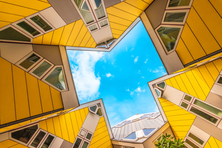 Rotterdam, the Netherlands - July 18, 2023: Yellow cube houses in Rotterdam designed by Piet Blom. Bottom view.のeditorial素材