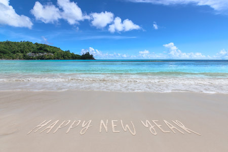 Happy New Year on tropical beach.