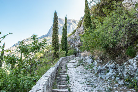 Steps of upper town walls in Kotor Montenegro.の写真素材