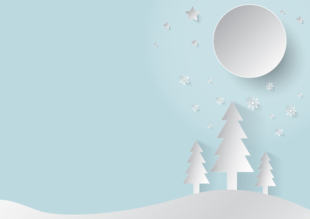 Christmas blue background and paper cut concept with moon star snowflake and tree, merry Christmas and happy new year.のイラスト素材