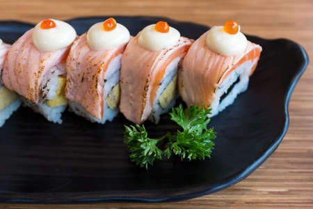 Salmon Rolls with Salmon Roe on topの写真素材