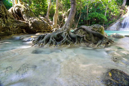 Deep forest Erawan waterfall National Park Waterfall in Kanchanaburi, Thailandの写真素材