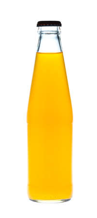 Orange juice glass bottle. Isolated on white backgroundの写真素材
