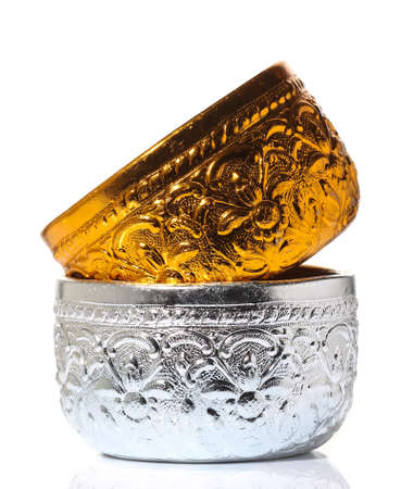 silver bowl isolated on white backgroundの写真素材