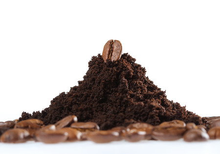 Coffee beans and ground coffee isolate on whiteの写真素材