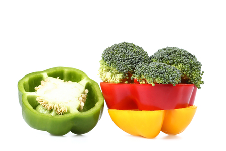 Bell pepper & broccoli on white backgroundの写真素材