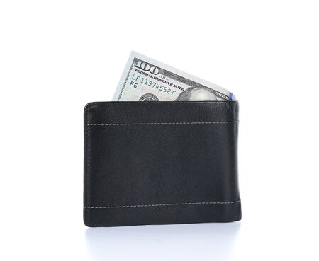 Black wallet with dollars isolated on white.の写真素材